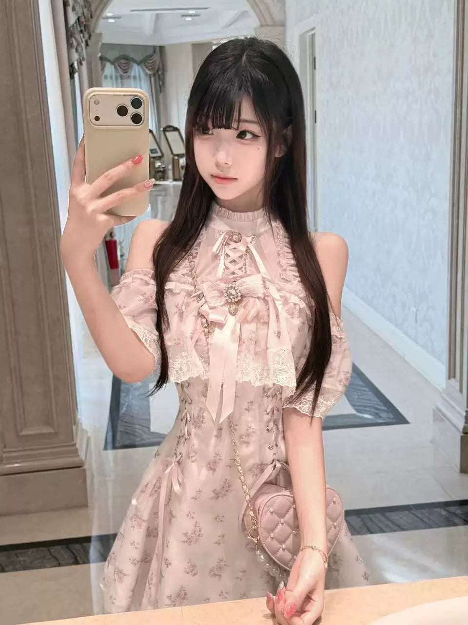 Pink Open Shoulder Ryousangata Dress, Floral Print 45289:846975