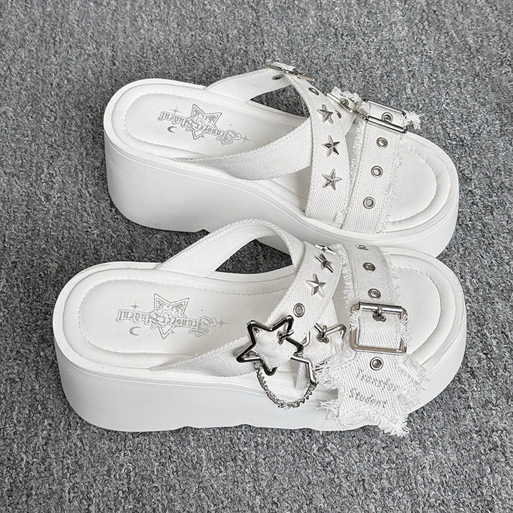 Y2K Shoes Starry Subculture Platform Sandals Punk Shoes (34 35 36 37 38 39 40 / White) 38048:596184