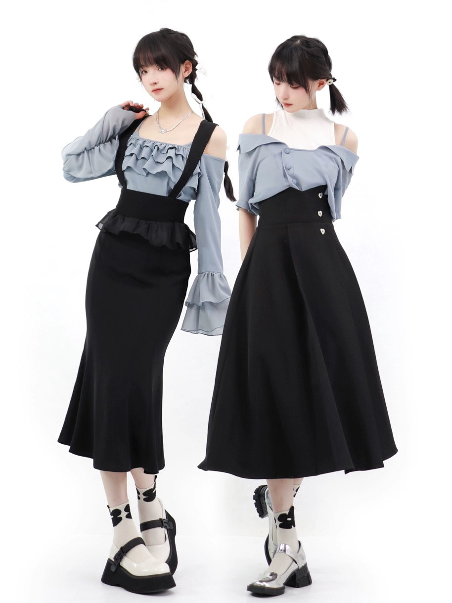 Elegant Outfit Set Chiffon Blouse Suspender Skirt Set 40238:663482