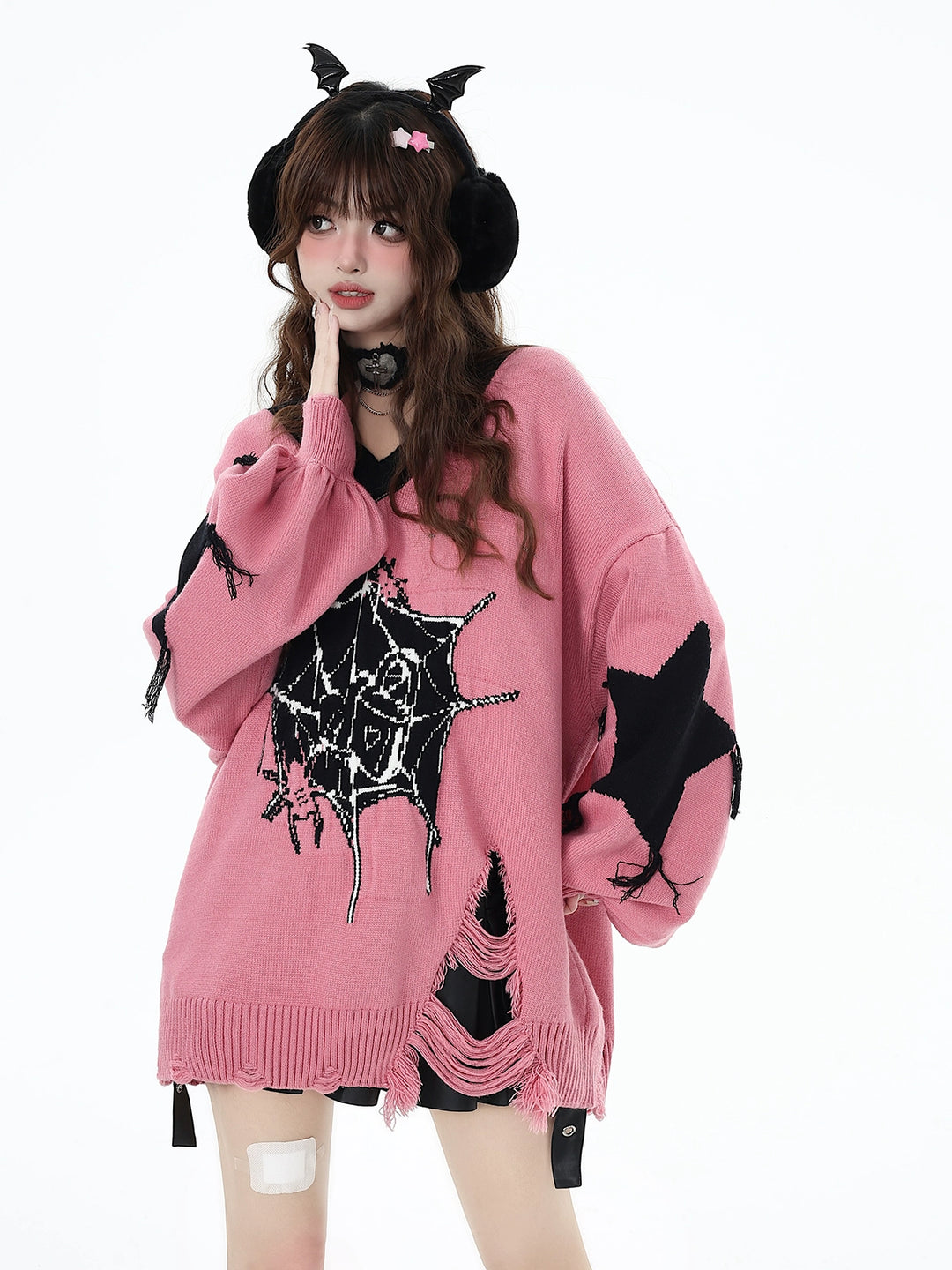 Black Pink Sweater Star Knit V-neck Pullover Sweater 32462:423370