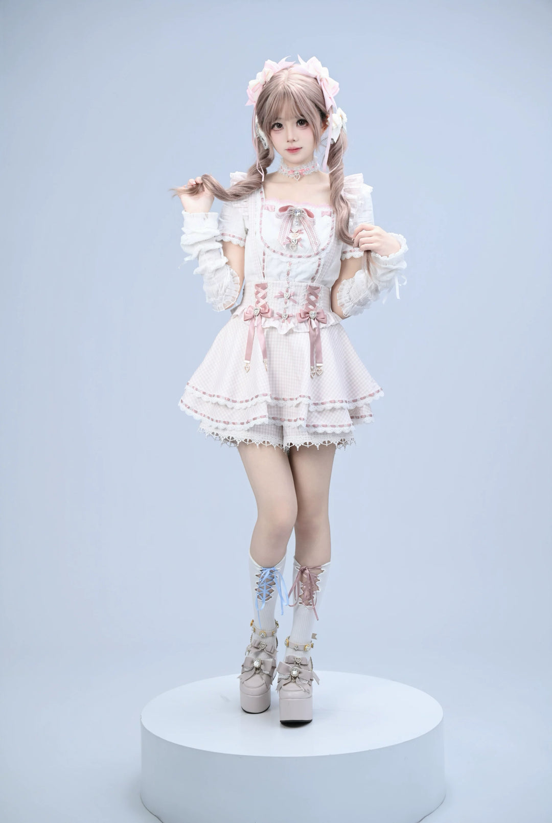 Jirai Kei Cotton Shirt, High-Waisted Suspender Skirt 45267:845224