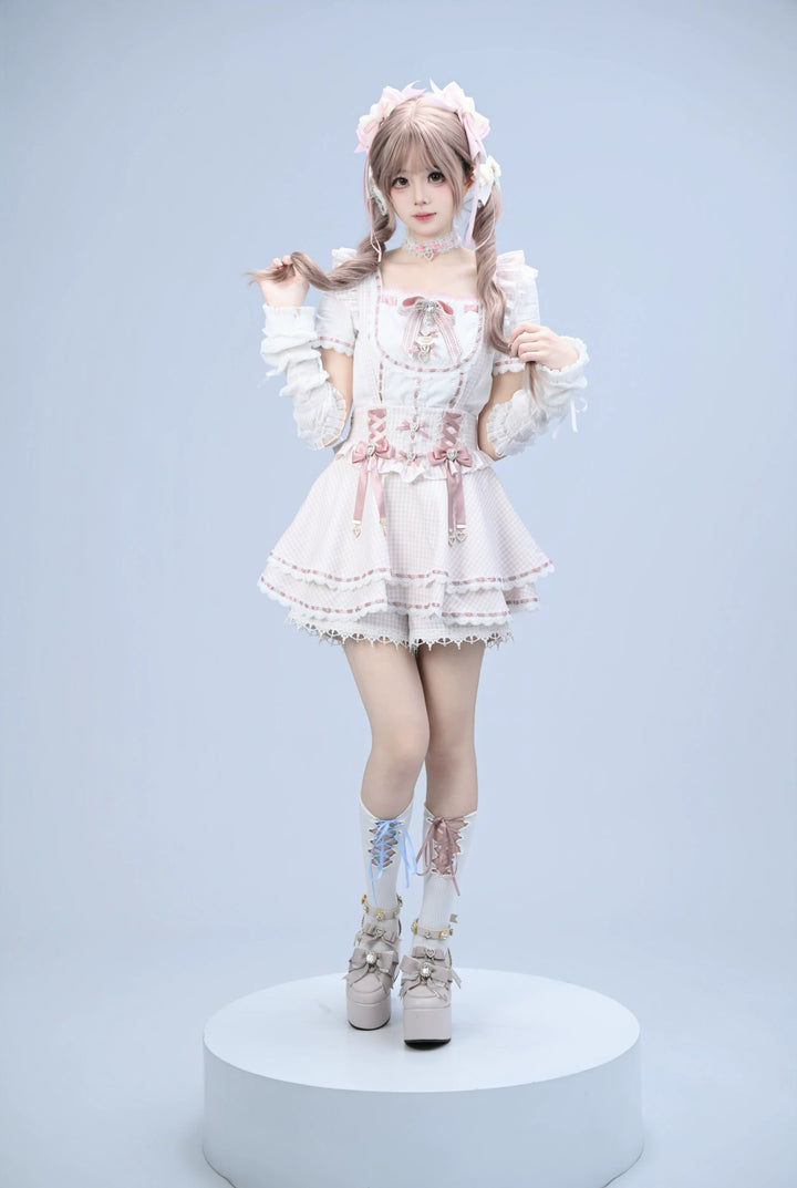 Jirai Kei Cotton Shirt, High-Waisted Suspender Skirt 45267:845224