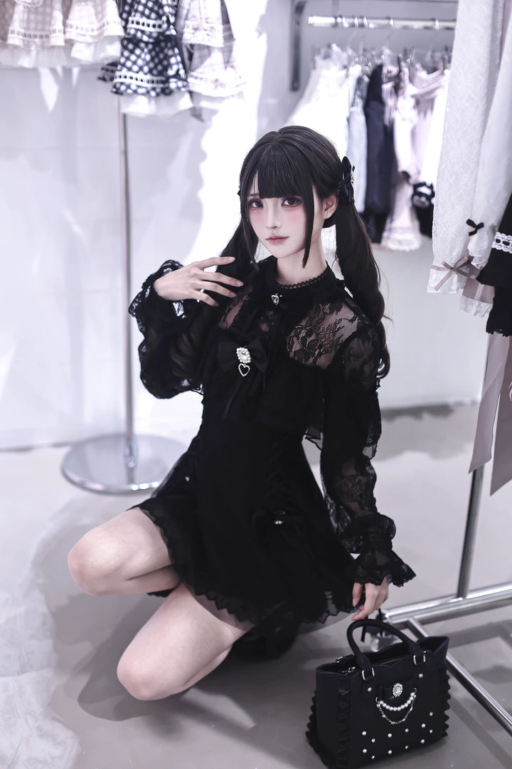 Black Jirai Kei Lace Dress, Cross-detail Hem 45837:864817