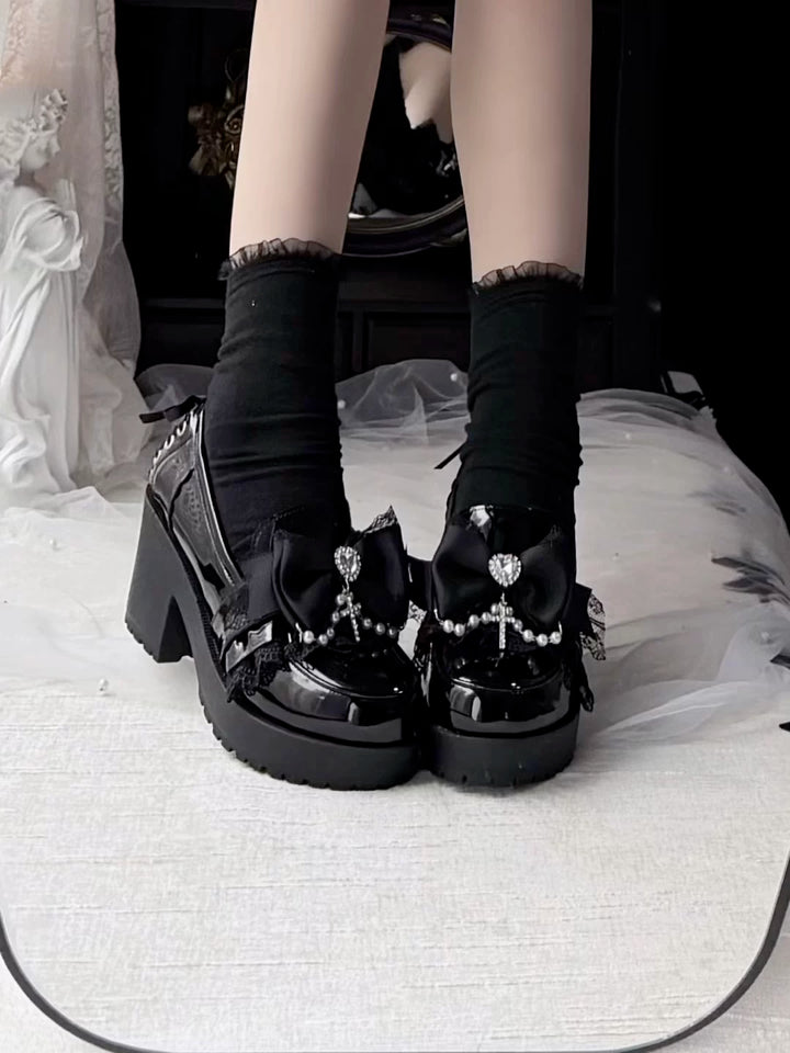 Jirai Kei Heeled Shoes, Pearl Chain and Cross Details 45695:860656