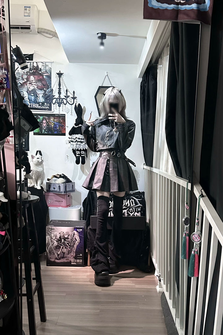 Punk Style PU Jacket, Pleated Skirt 44568:817826