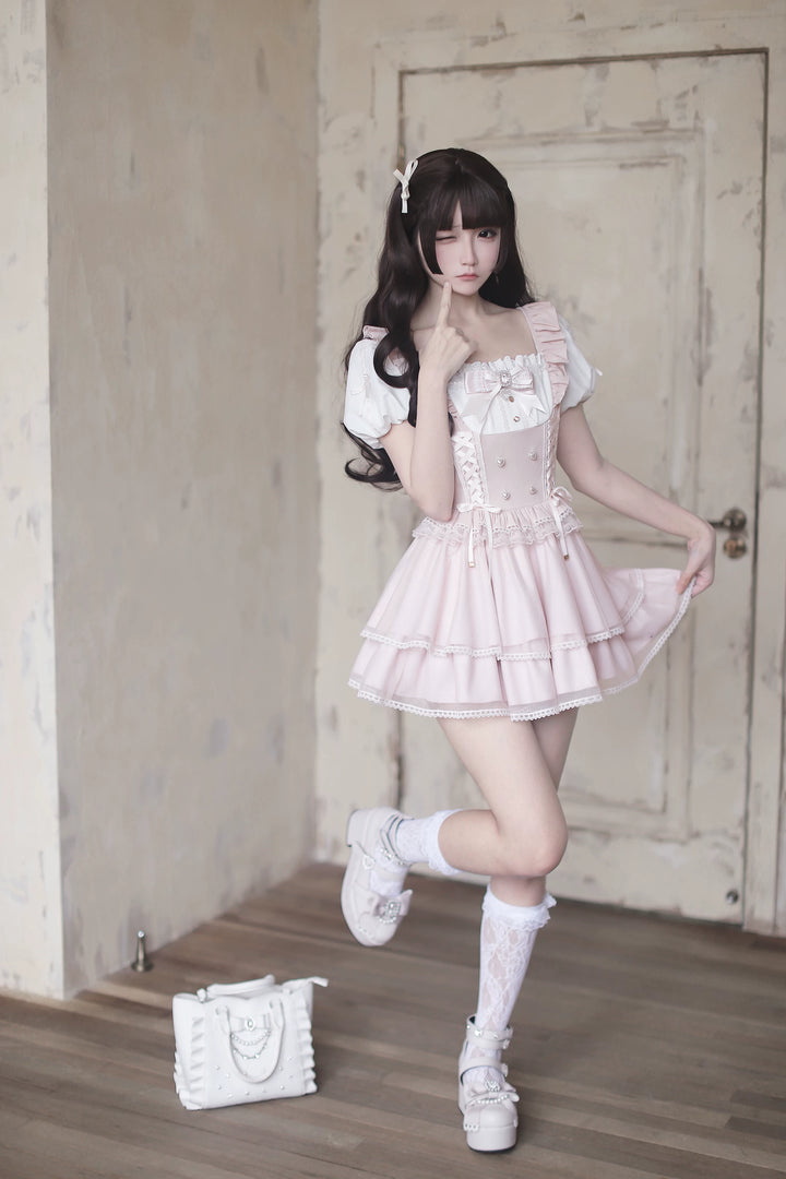 Jirai Kei Puff Sleeve Dress, Layered Tulle Hem 45340:847361