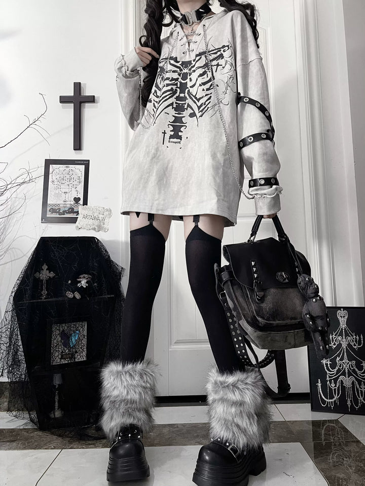 Ribcage Printed Subculture Hoodie, Ear-Accent Hood 44564:815244