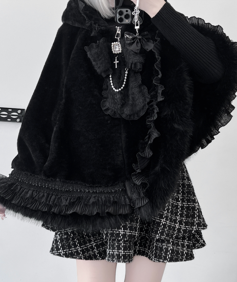 Jirai Kei Winter Coat Fleece Hoodie Cape Coat With Cat Ears Jirai Kei Winter Coat Fleece Hoodie Cape Coat With Cat Ears