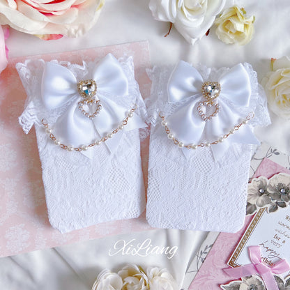 Jirai Kei Handmade Bow Pearl Heart Lolita Lace Socks 28904:326744