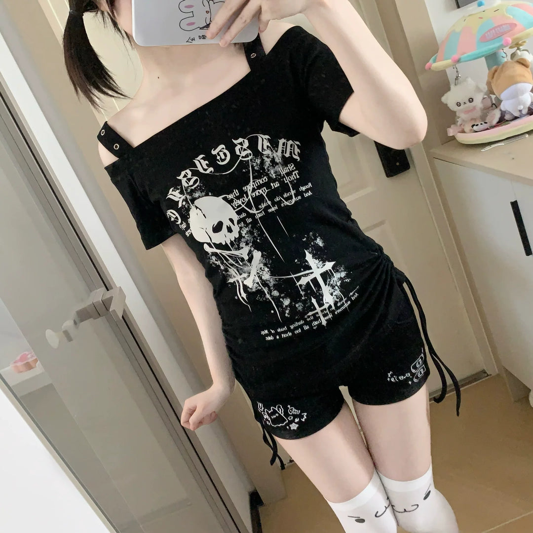 Subculture Skull Printed T-Shirt, Side Drawstring 45643:858234