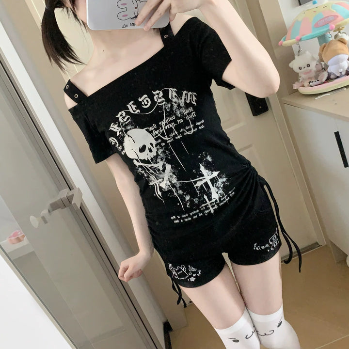 Subculture Skull Printed T-Shirt, Side Drawstring 45643:858234