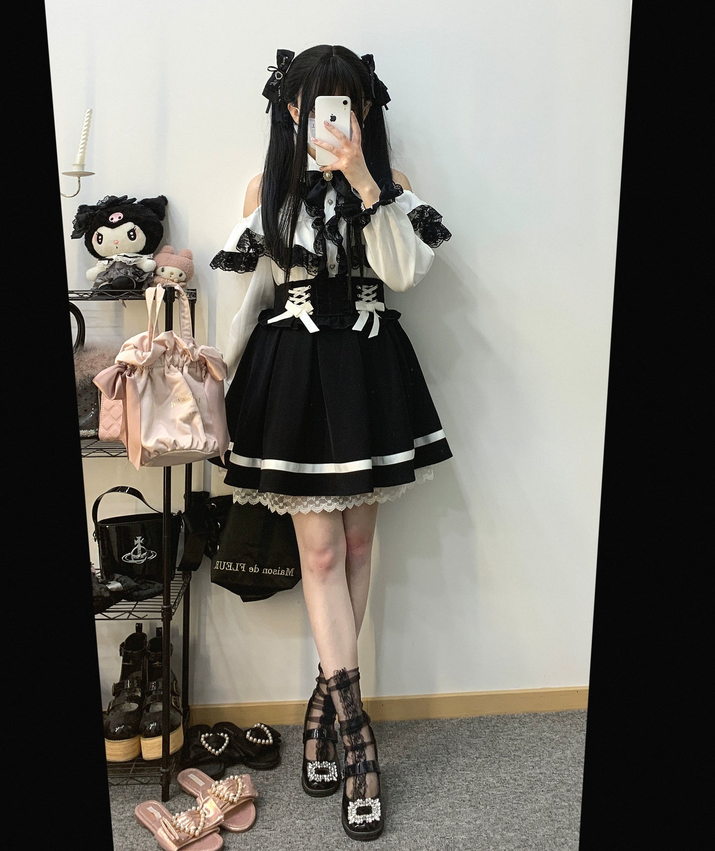 Jirai Kei Skirt High Waist Lace Up Skirt With Bow Tie 31860:396684