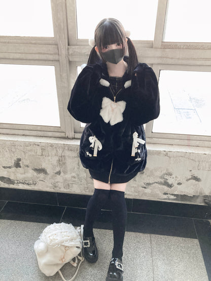 Black Jirai Kei Coat Ryousangata Imitation Rabbit Fur Coat 33304:446222
