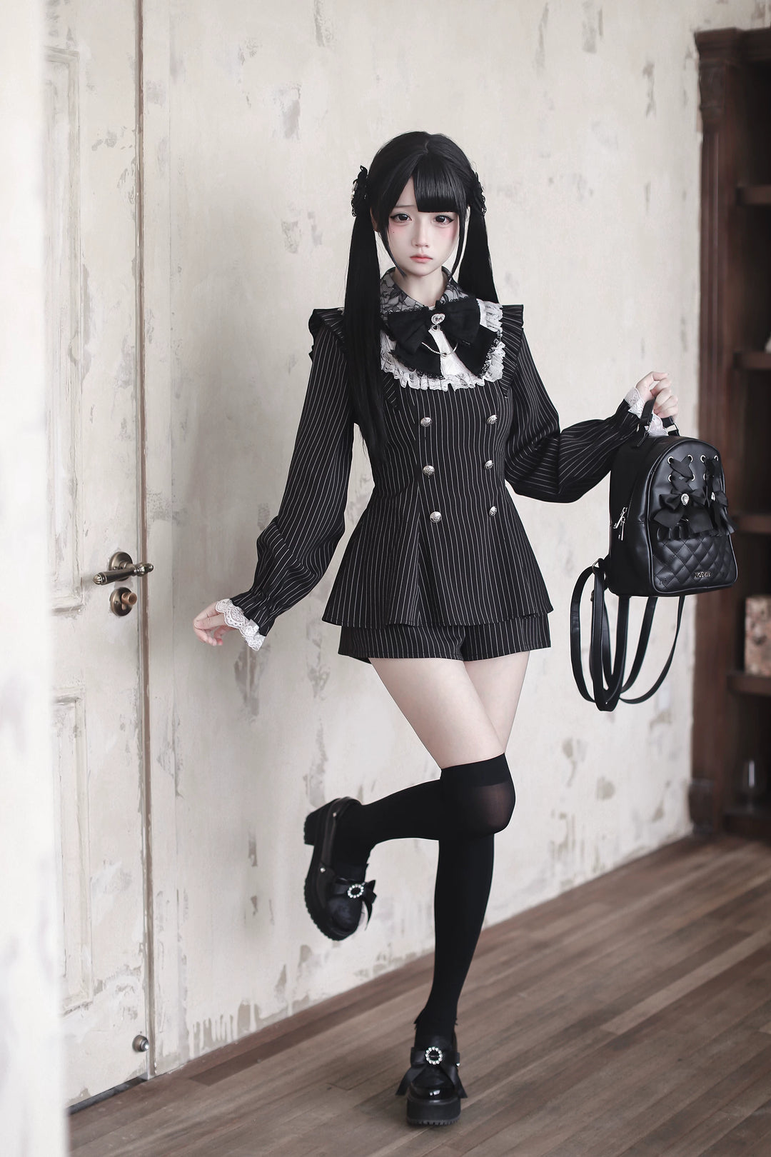 Black Striped Jirai Kei Set Up, Waist-cinching Dress 44921:828328