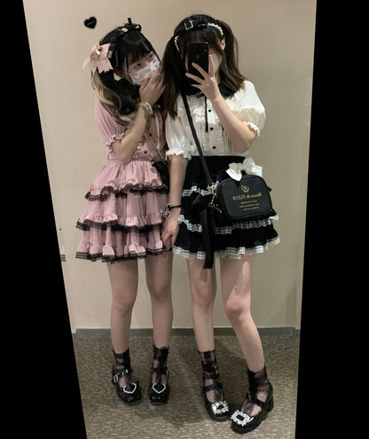 Jirai Kei Black And Pink Tiered Lace Skirt 21798:318538