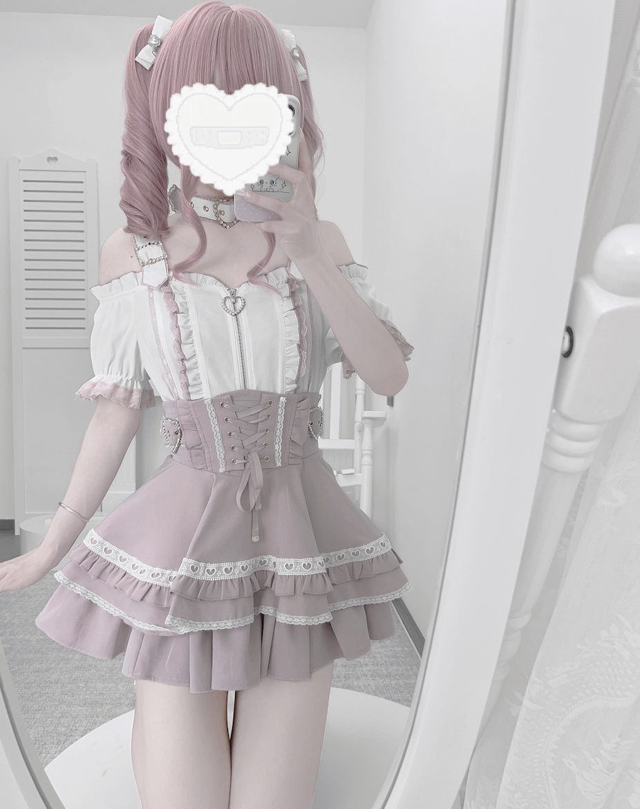 Jirai Kei Open Shoulder Shirt Outfit, Multiple Colors 43500:778034