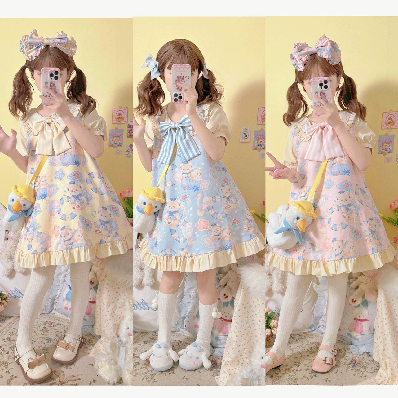 Sweet Lolita Dress Bear Print Jumper Dress Kawaii Salopette 37288:555322