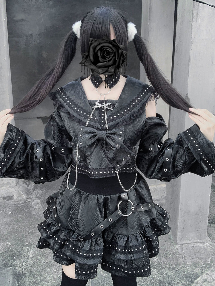 Subculture Black Top & Skirt Set, Snakeskin-Like Style 44771:827679