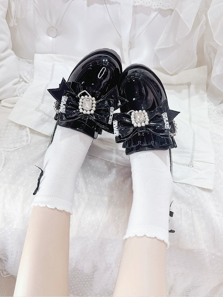 Jirai Kei Mid-Heel Loafer Shoes, Detachable Bow Clips 44005:792700