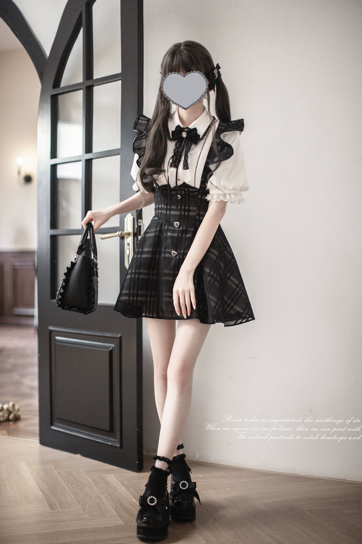 Black Jirai Kei Plaid Suspender Skirt Set with White Blouse 42918:760672