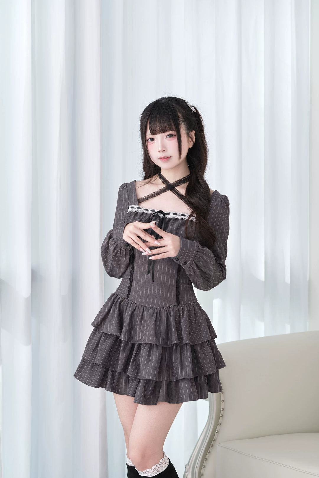 Jirai Kei Halter Neck Dress, Tiered Ruffles 44688:819234