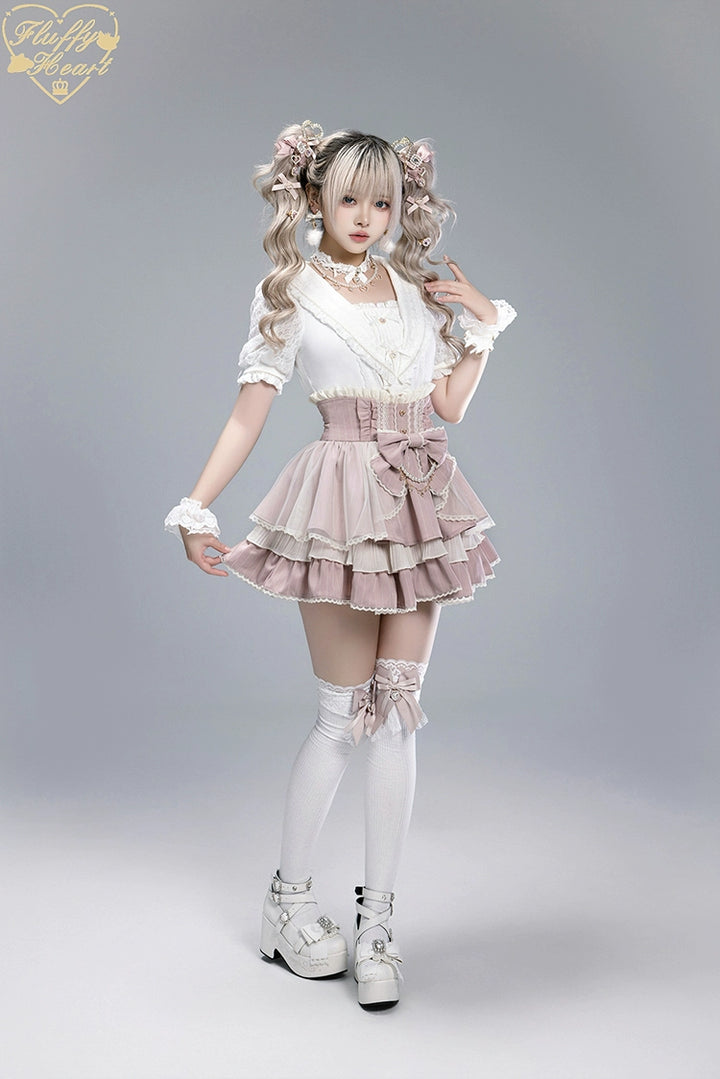 Striped High Waist Jirai Kei Skirt, Detachable Bow 43679:785986