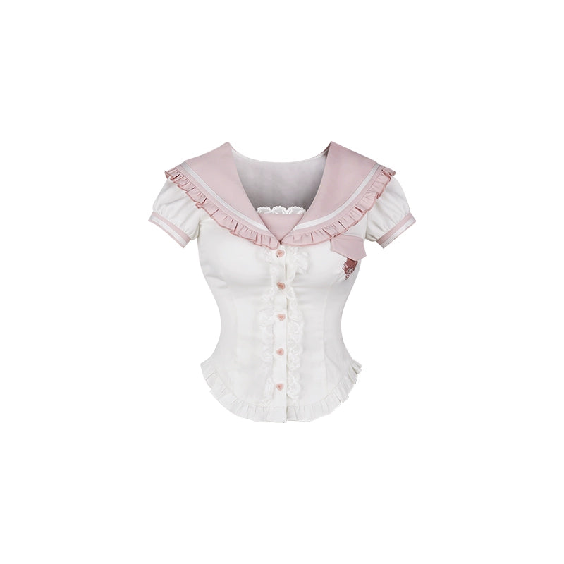 Sweet Gyaru Outfit, Sailor Collar Rabbit Shirt + Pink Skirt (M S XS) 43438:780289