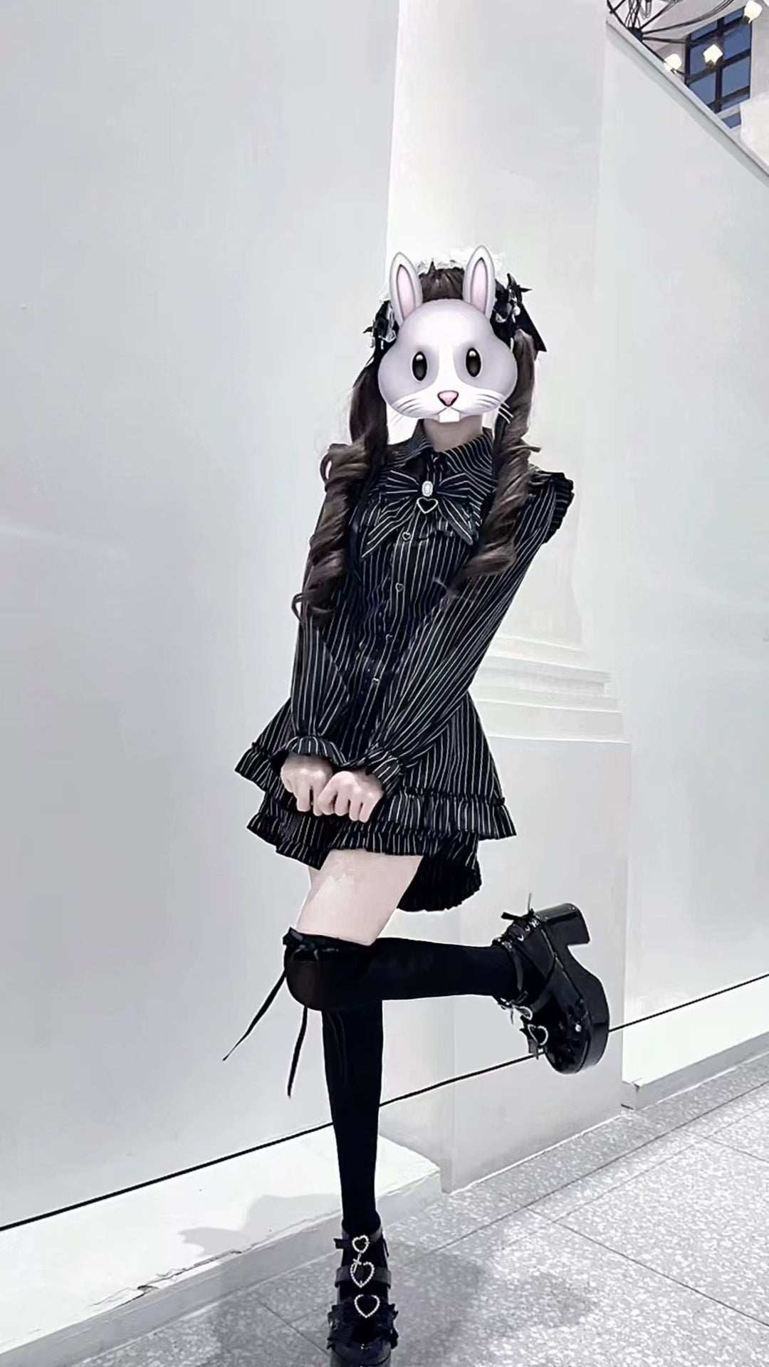 Striped Jirai Kei Dress Set, Elastic-Waisted Shorts 44295:805536