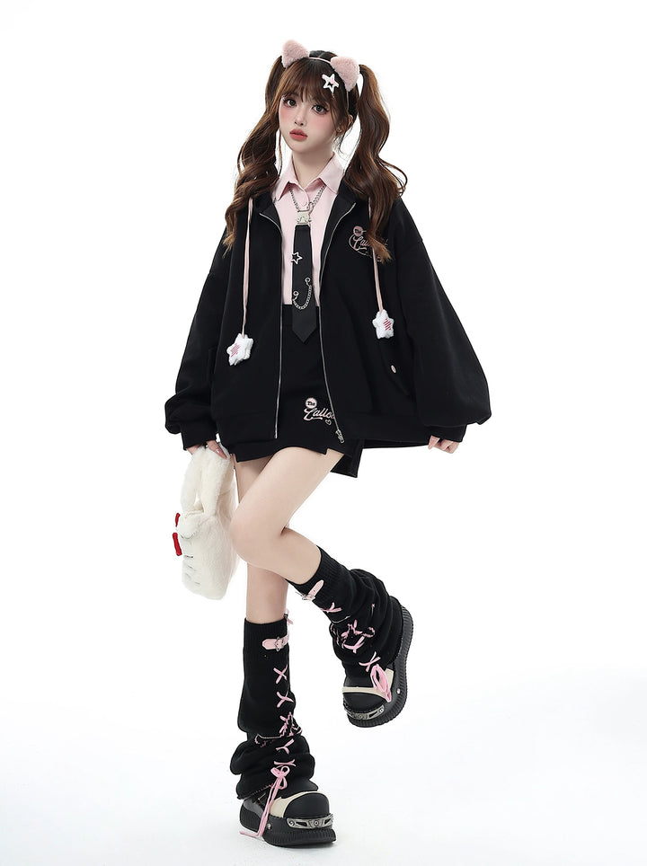 Jirai Kei Hoodie Zipper Jacket Casual Wear Skirt Set Pink Black 32456:439350