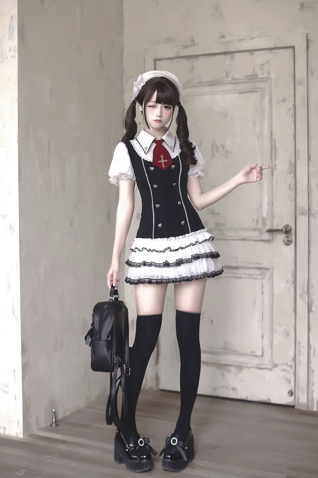 Preppy Style Low-Waist Dress Set, Cross Details 44746:823809