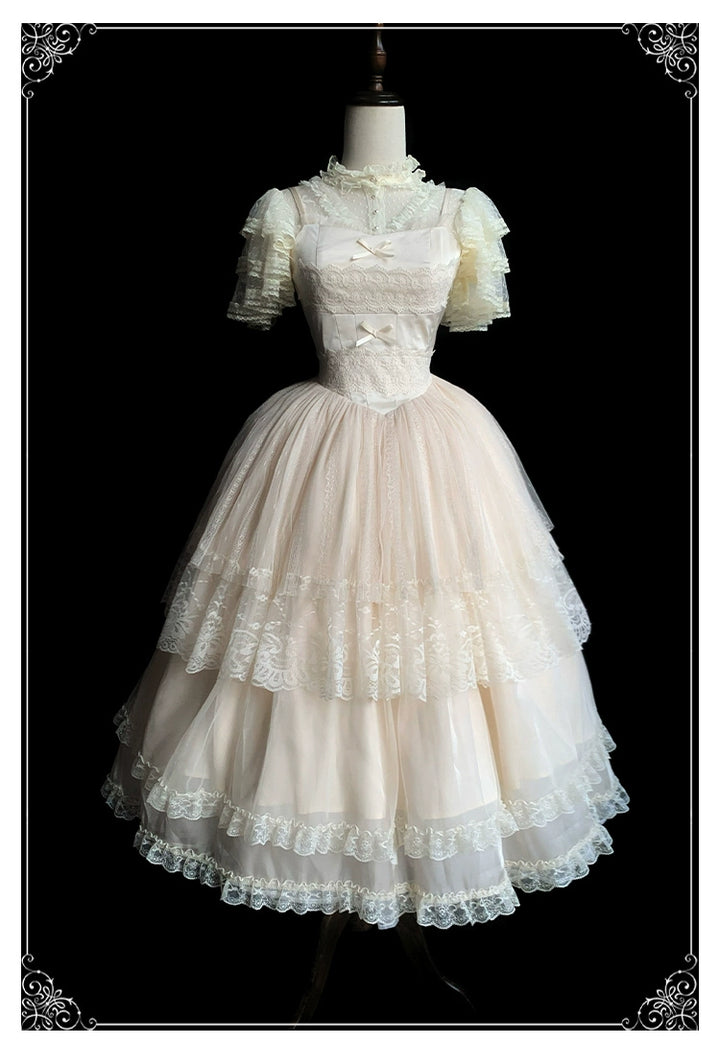 Classic Lolita Dress With Large Flounce Hem And Beige Puff Sleeves Shirt 38068:608716