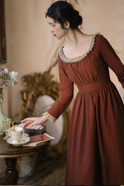 Mori Kei Dress Classical Oil Painting Dress Rust Red Dress 36348:544684