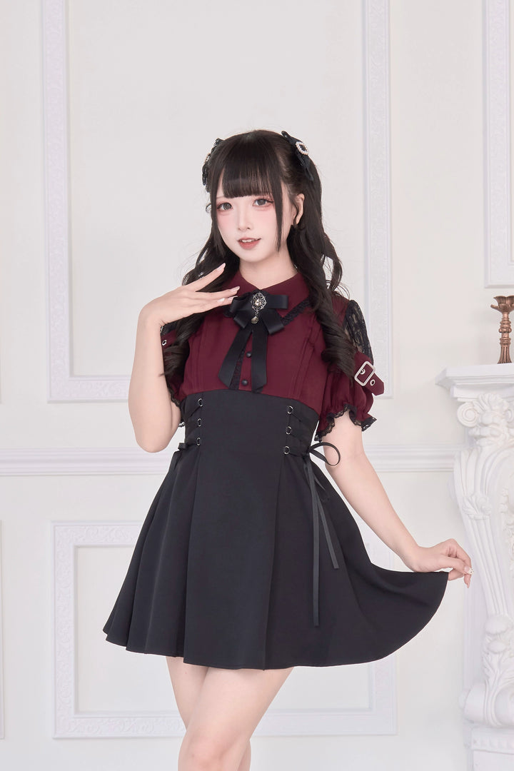 Lace Shoulder Jirai Kei Dress, Pleated Skirt (L M) 43534:779084
