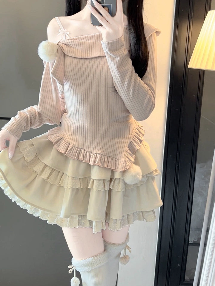 Off-Shoulder Kawaii Sweatshirt & Tiered Ruffle Skirt (L M S) 43776:785331