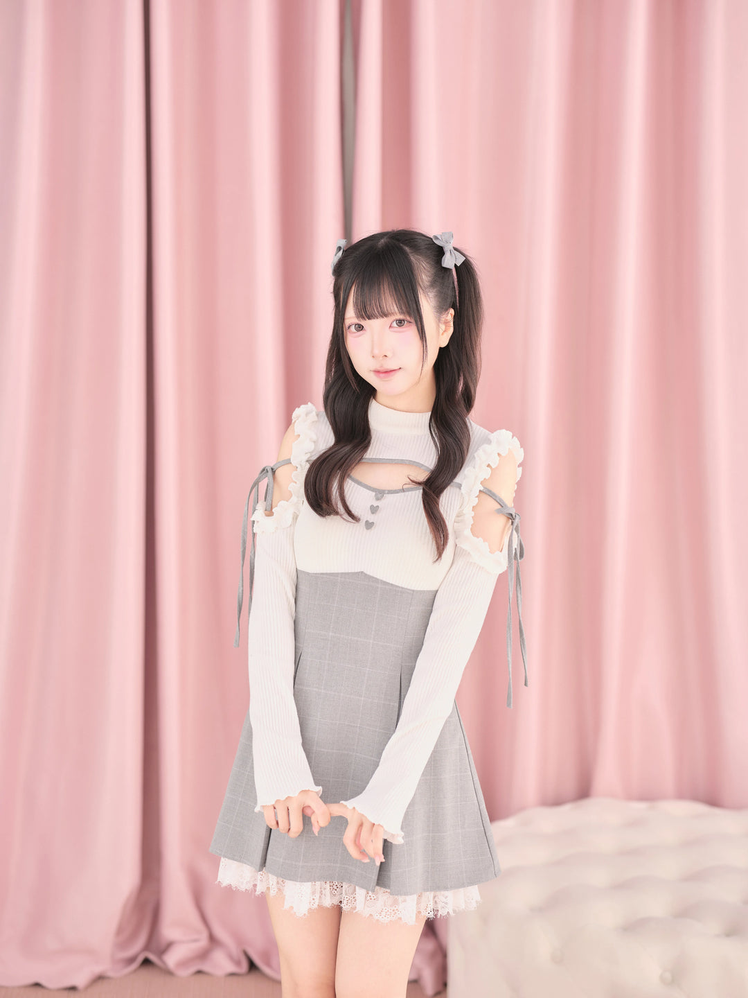 Jirai Kei Open Shoulder Plaid Dress, Chest Cutout 45957:869825