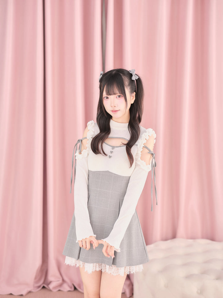 Jirai Kei Open Shoulder Plaid Dress, Chest Cutout 45957:869825