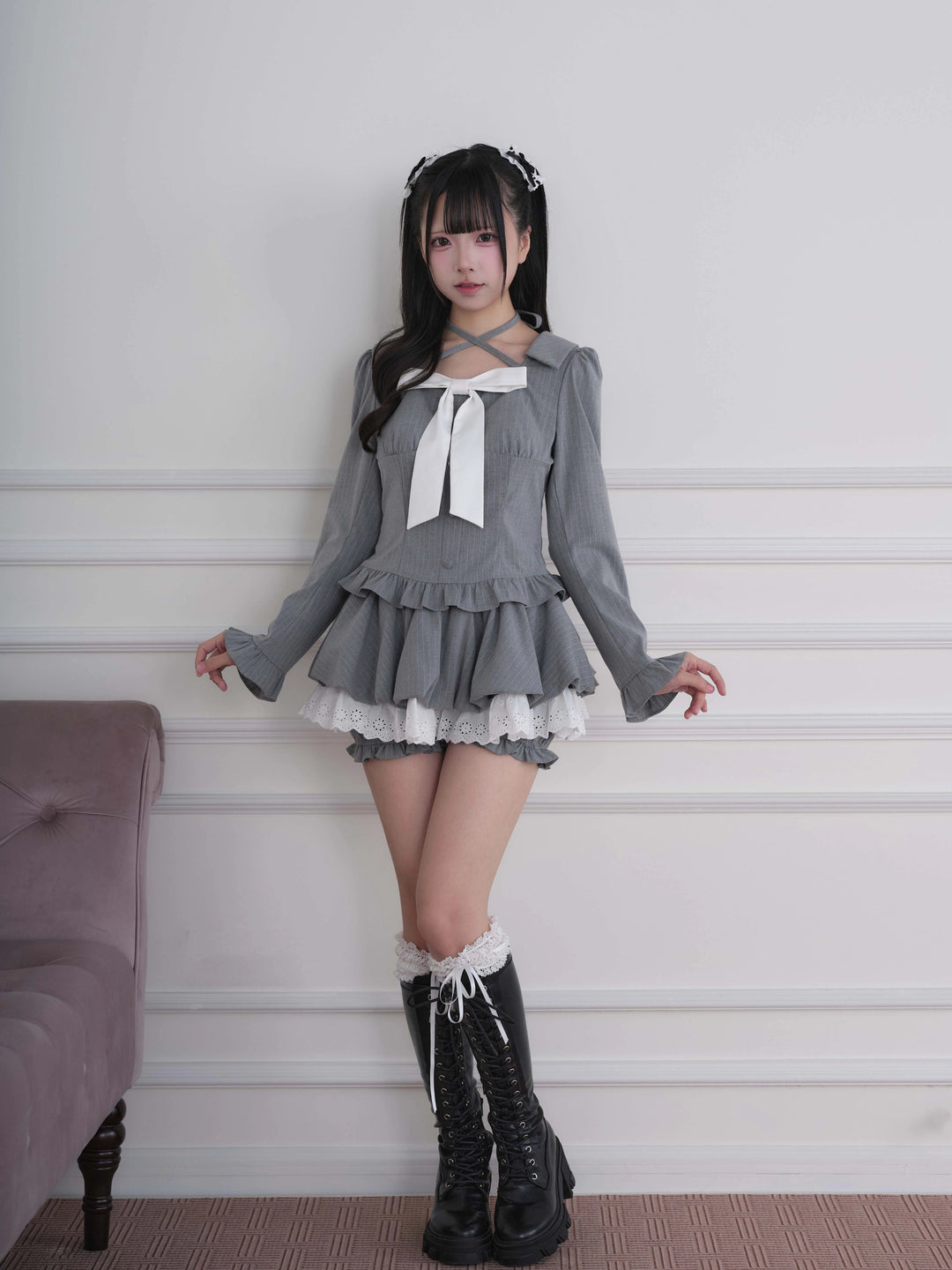 Ryousangata Plaid/Striped Dress & Shorts Set, Chest Big Bow 46031:873225