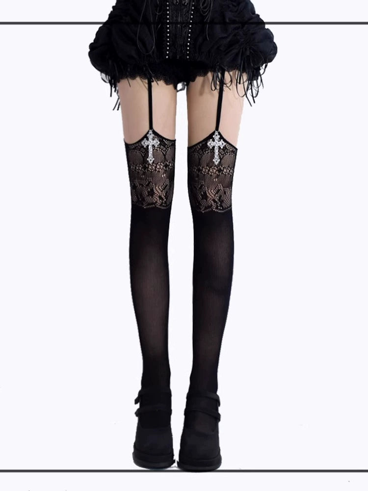 Gothic Garter Stockings, Cross Pendant + Lace Cutout (Black) 43654:782622
