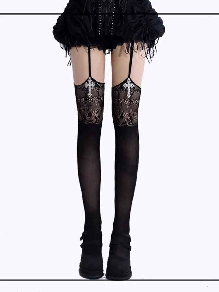 Gothic Garter Stockings, Cross Pendant + Lace Cutout (Black) 43654:782622