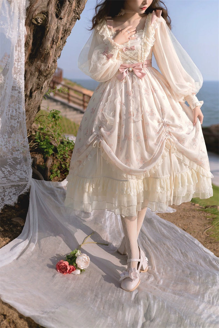 Elegant Lolita Dress Cottagecore Dress Long-Sleeved Beige Dress 36470:515858 36470:515858