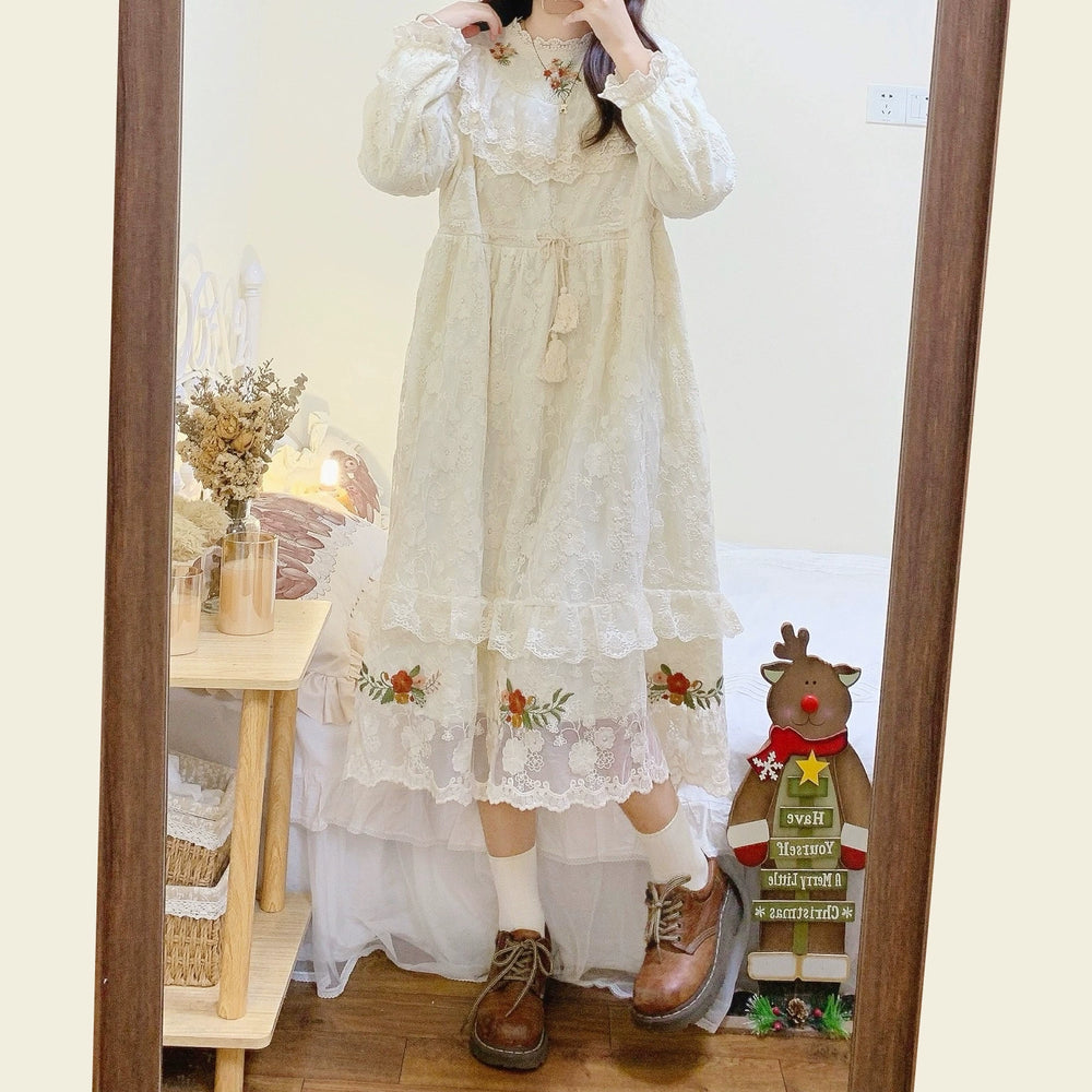 Mori Kei Dress Embroidered Lace Long Sleeve Apricot Dress 39438:640586