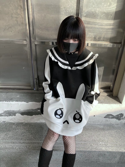 Jirai Kei Black White Hoodie With Bunny Design 29460:346900