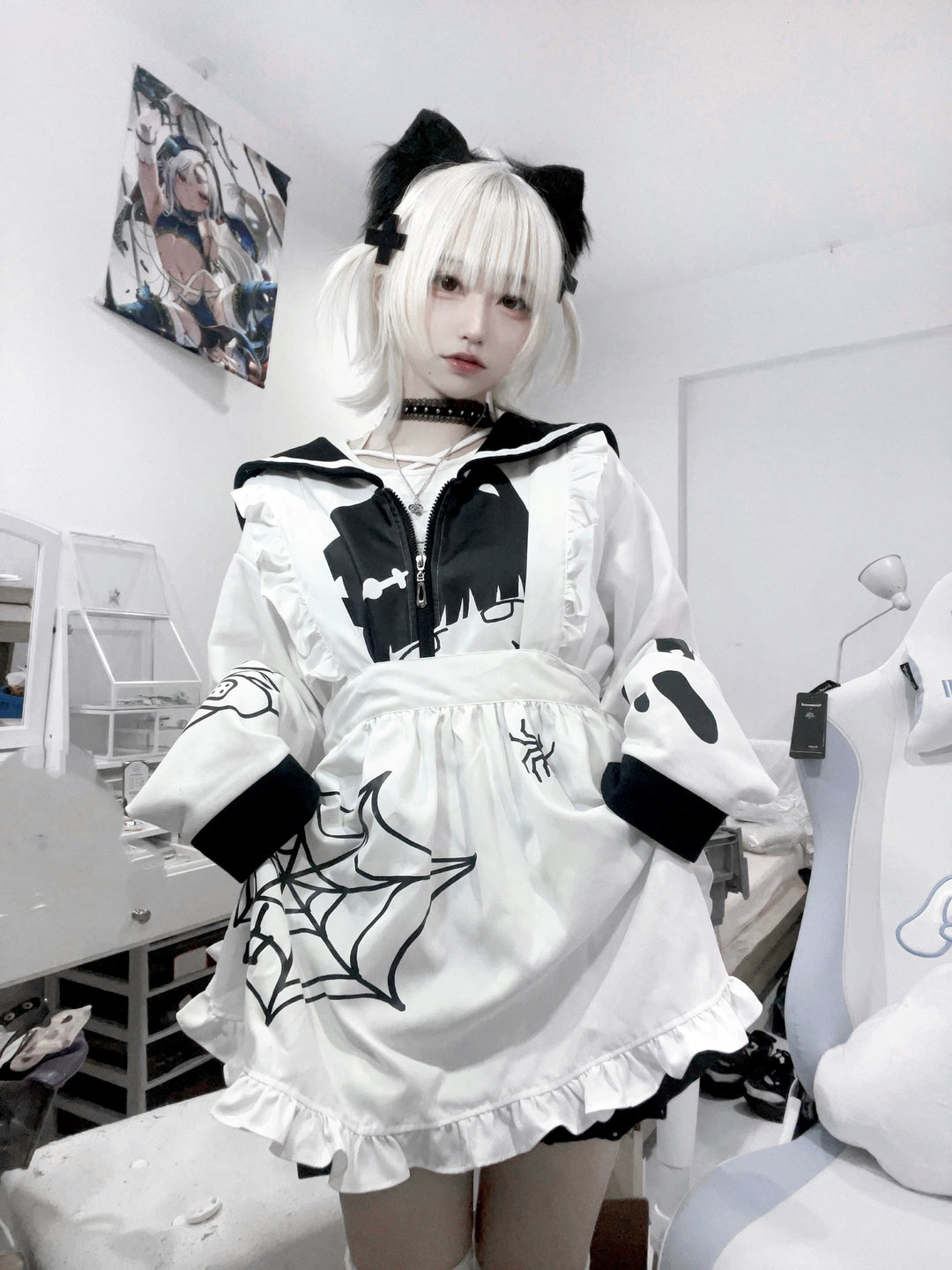 Jirai Kei Bicolor Coat Cat Ears Sailor Collar Printed Coat 33316:443914 33316:443914