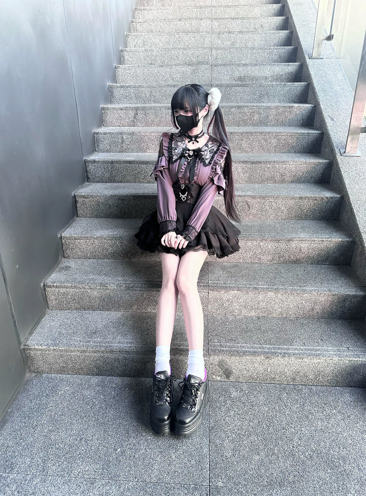 Jirai Kei Long Sleeve Blouse, Lace Open-Shoulder 44588:815054