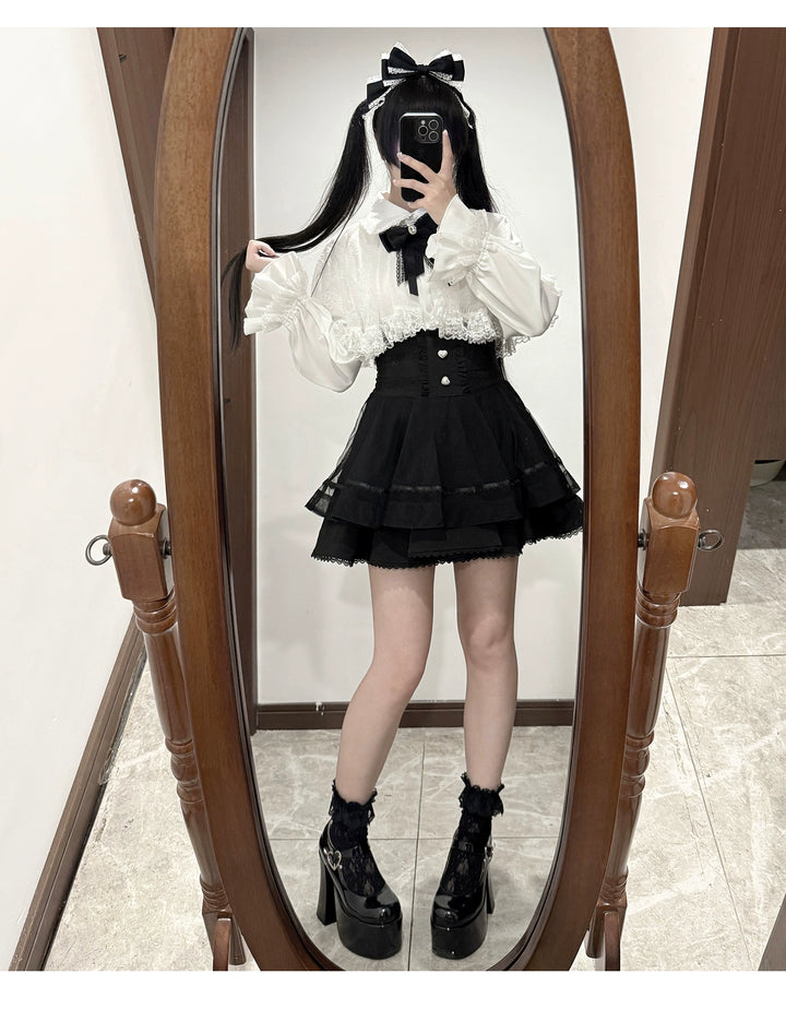 Jirai Kei Lace-cape Blouse, High-waist Skirt Outfit 43933:790393