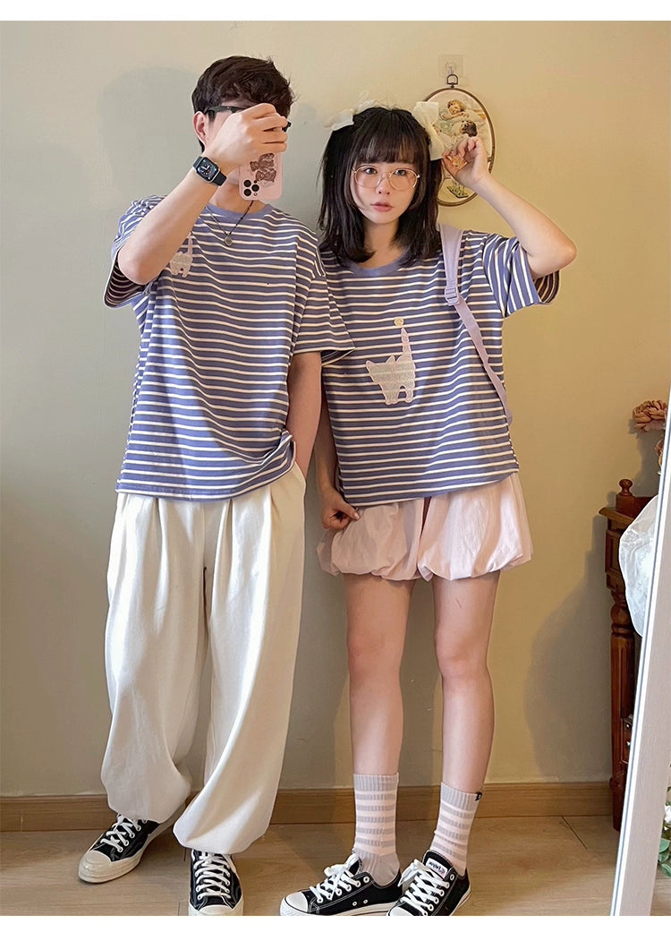 Kawaii Aesthetic Shirt Striped Short Sleeve Cotton Top 36562:518510