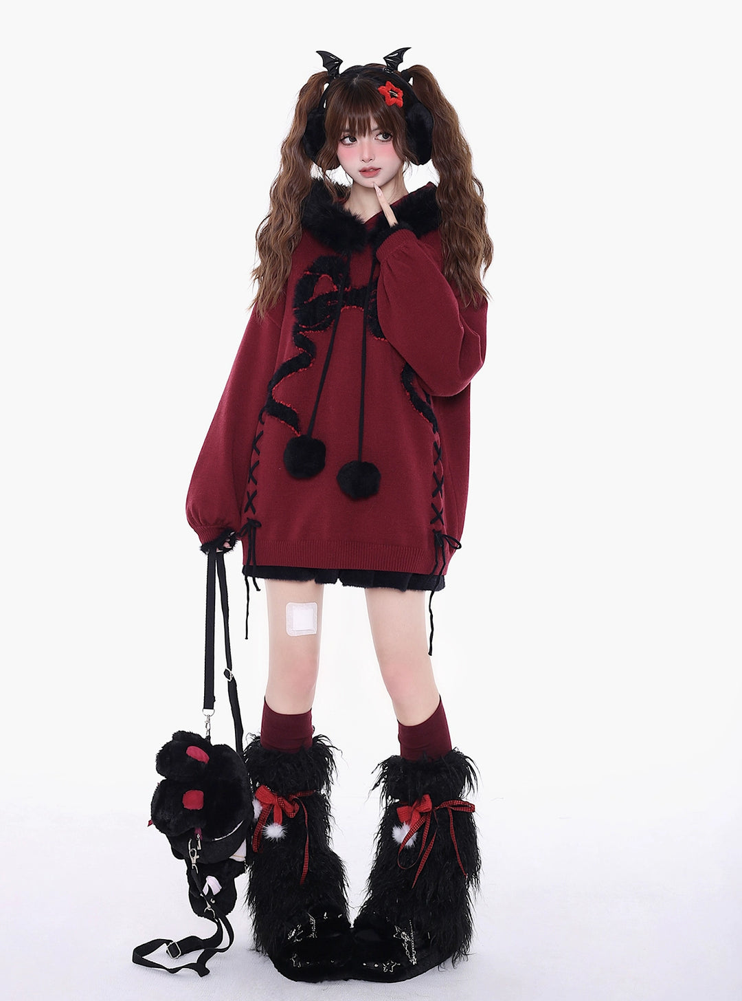 Yami Kawaii Sweater Bow Black Red Hoodie Detachable Collar 39556:639644