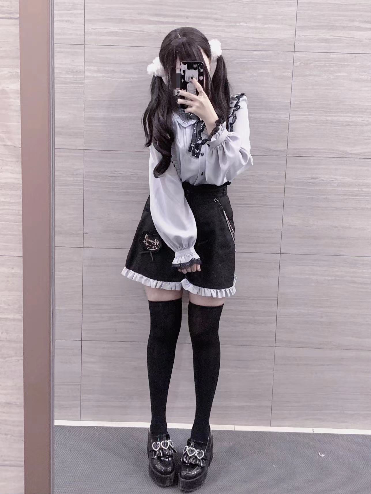 Jirai Kei Lace Collar Long Short Sleeve Blouse and Shorts (L M S XL XXL) 21648:314844