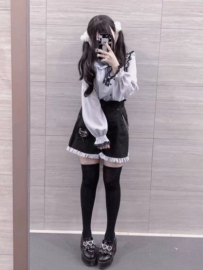Jirai Kei Lace Collar Long Short Sleeve Blouse and Shorts 21648:314876