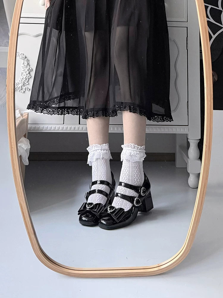 Jirai Kei Square Toe Chunky Heels, Heart rhinestone Details 45840:867436